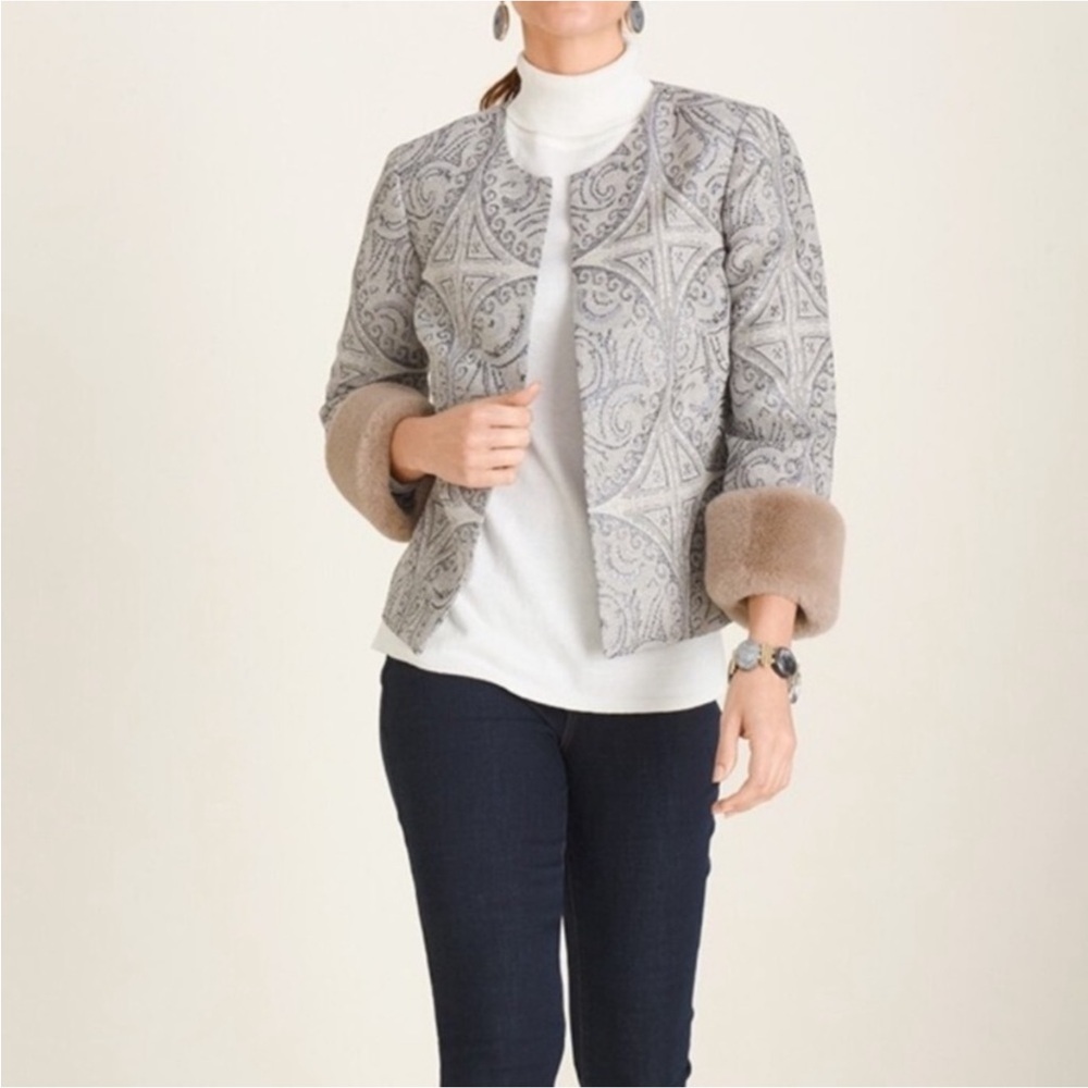 Chico's Metallic Brocade Jacket w/ Faux Fur Removable Cuffs - Picture 3 of 16